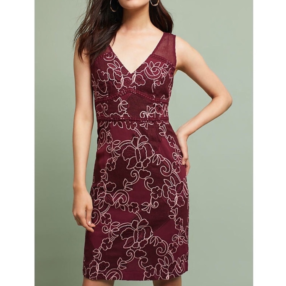 Anthropologie Dress pink and maroon embroidered